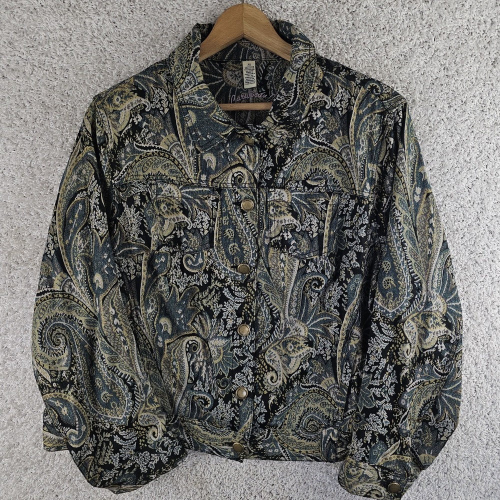 Vintage Caribbean Joe Tapestry Jacket Sz 2X Green Floral Cottagecore Boho